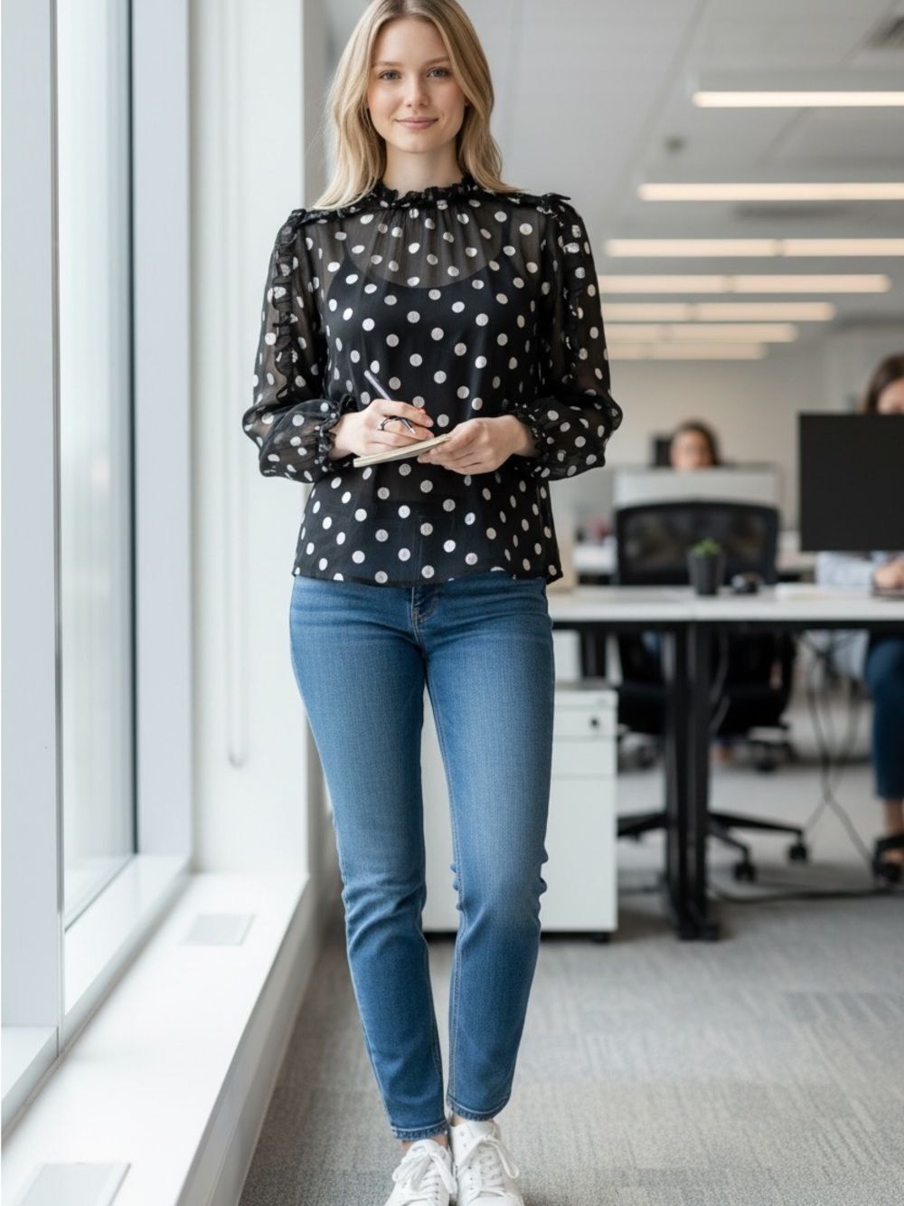 Black Polka Dot Sheer Long-Sleeve Blouse with Ruffled Neckline